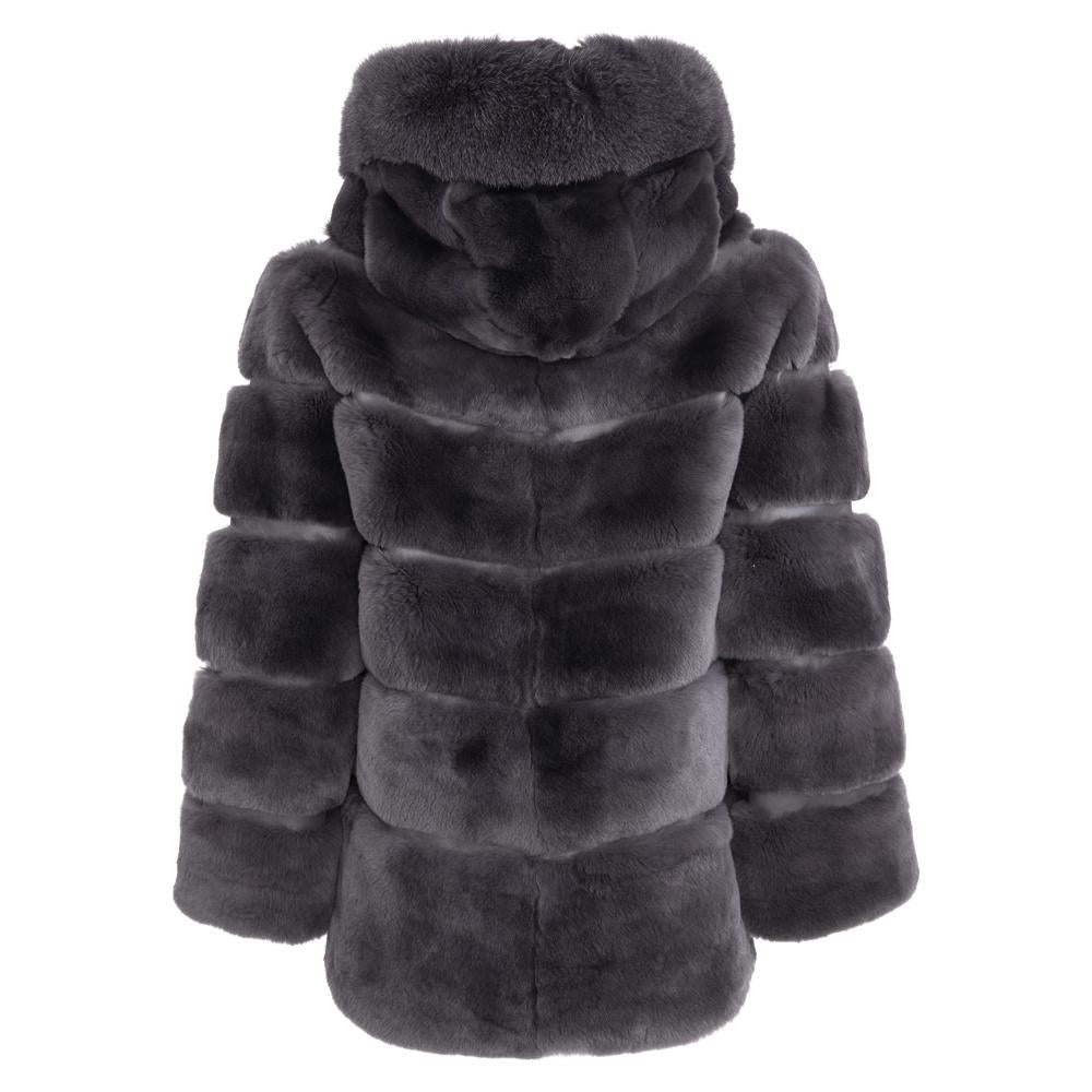 Fur Jacket - Rex Rabbit Fur with Fox Fur Collar - Grey