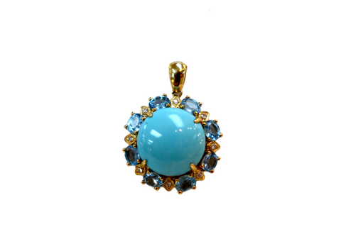 18K Gold Royal Sleeping Beauty Turquoise with Blue Topaz & Diamond Pendant